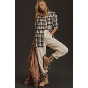 Anthropologie Pilcro Long Slim Buttondown Top Plaid Black Blouse Womens Size XL